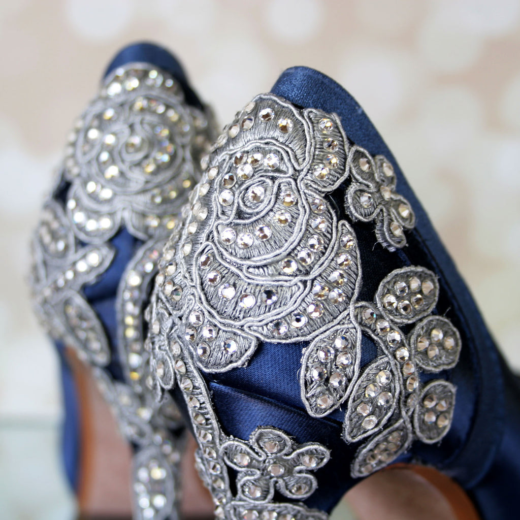 Something Blue Open Toe Platform Wedding Shoes with Sparkly Bridal Crystal Heel