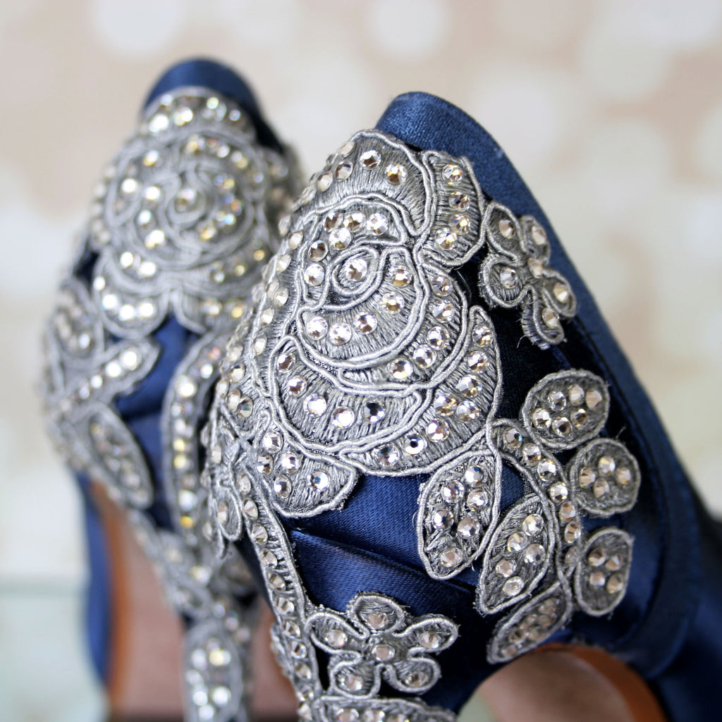 Something Blue Open Toe Platform Wedding Shoes with Sparkly Bridal Crystal Heel 