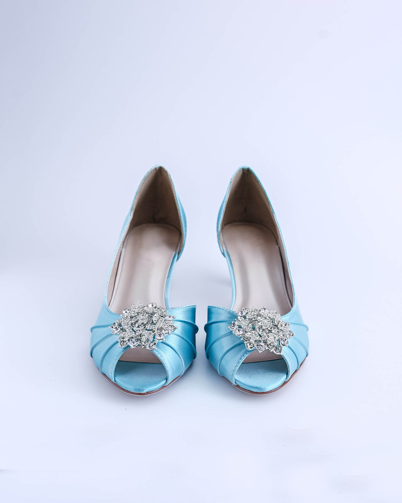 Abby Blue Box Bridal Heels with Classic Crystal Cluster - Ellie Wren