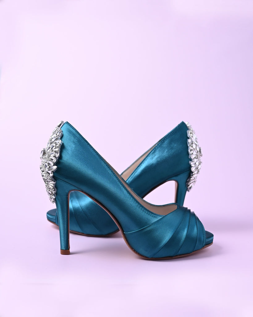 Buy Teal Bridal Wedding Shoes, Peacock Comfortable Satin Heels Hand  Embellished Organza Flowers & Beads, Slingback, Open Peep Toe, Accessory  Online in India - Etsy