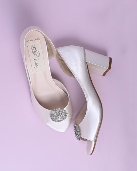 Joy Ivory Wedding Shoes with Silver Vintage Brooch - Ellie Wren